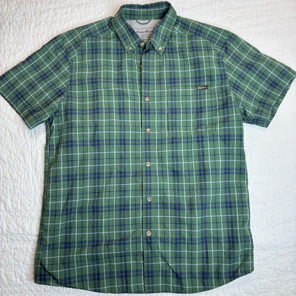 Eddie Bauer Pack It mens seersucker shirt Med short sleeve green plaid outdoor